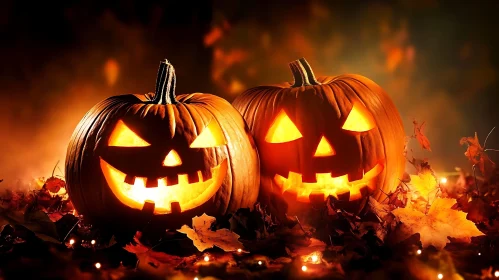 Glowing Carved Pumpkins in Fall Setting