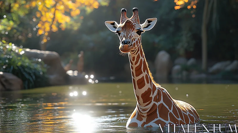 Giraffe Strolling Through Sunlit Waters AI Image