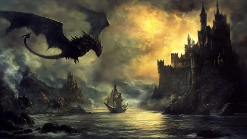 Fantasy Dragon and Medieval Castle