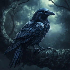 Dark Raven on Tree Branch