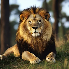 Resting Lion in Field