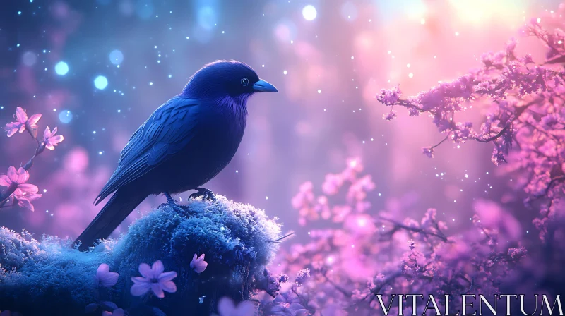 Serene Bird Among Cherry Blossoms AI Image