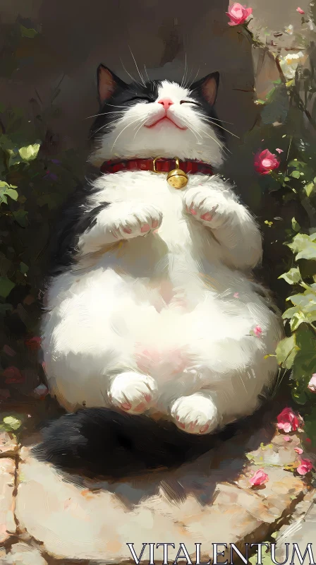 Content Cat in Sunlit Blossoms AI Image