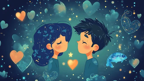 Cartoon Romance: Boy and Girl with Hearts