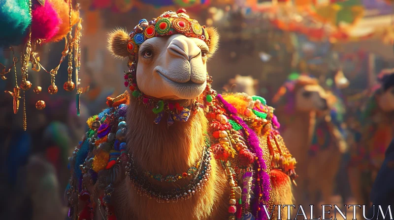 Camel with Colorful Adornments AI Image