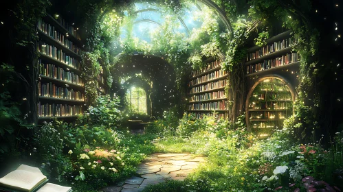 Overgrown Library with Glowing Books