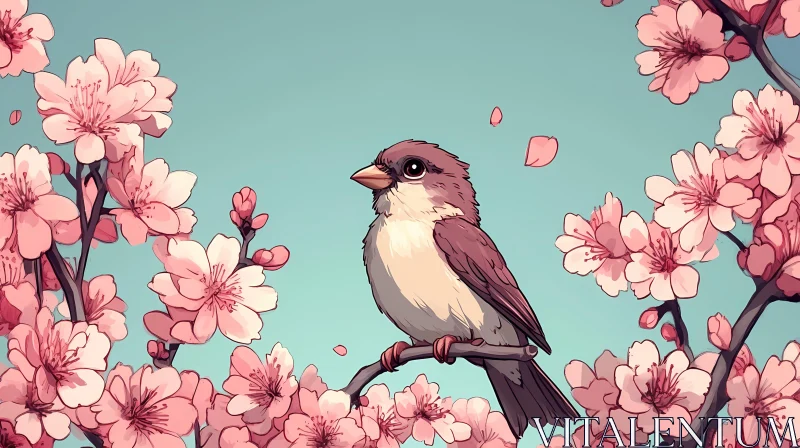 Spring Bird and Blooming Flowers Art AI Image