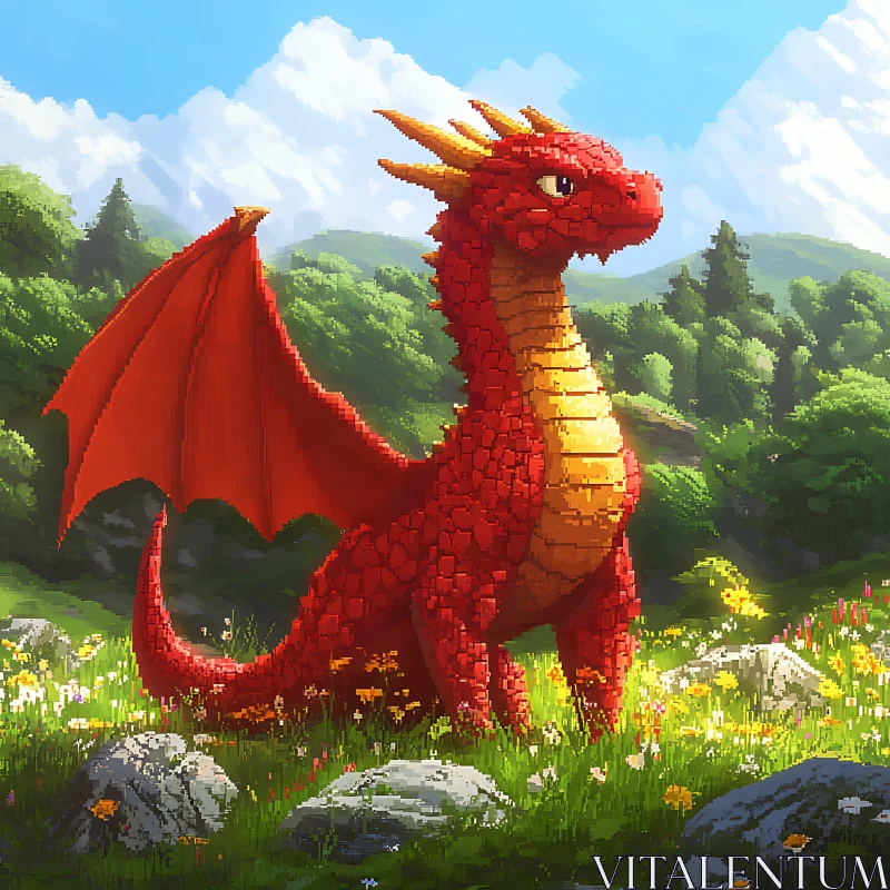 AI ART Red Pixelated Dragon in Grassy Field