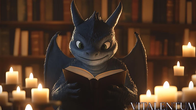 AI ART Blue Dragon Reads by Candlelight