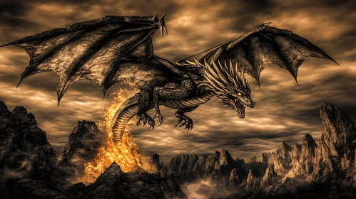 Dragon in Flight Over Burning Peaks