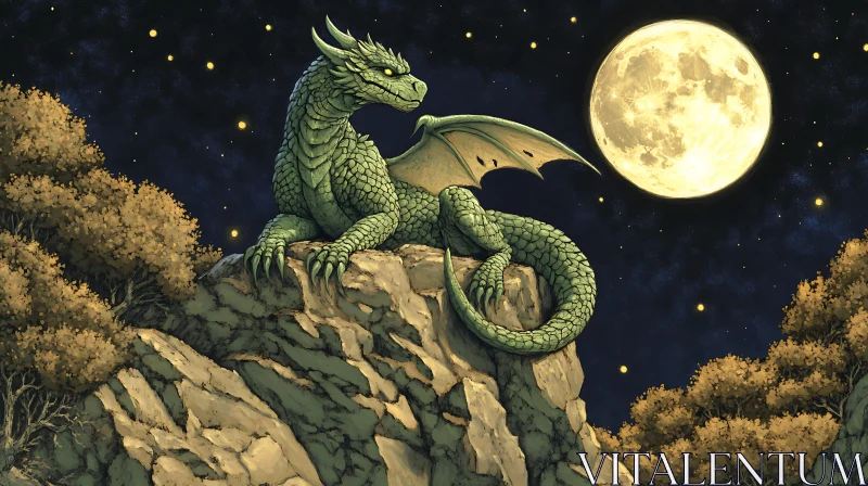 AI ART Green Dragon Perched on Rock at Night