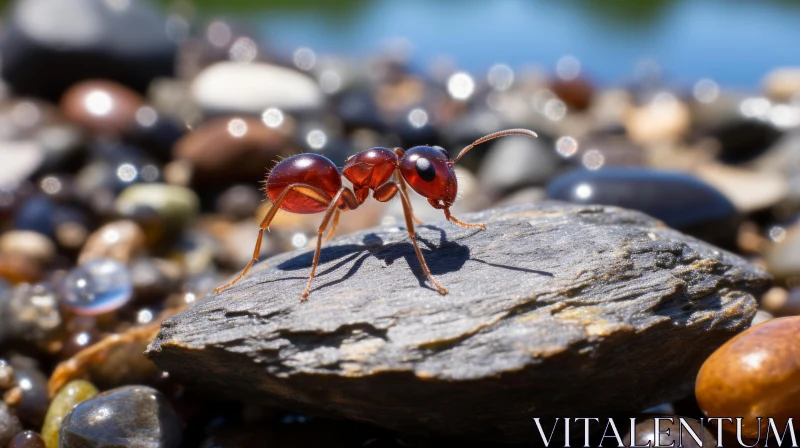 Ant on a Rock: A Study in Amber and Crimson AI Image