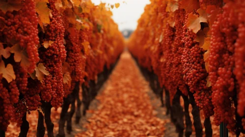 Autumn Vineyard in Monochromatic Orange and Red Tones
