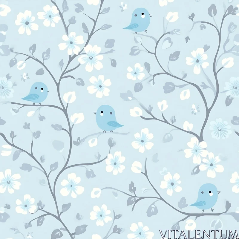 Floral Branches with Blue Birds Artwork AI Image