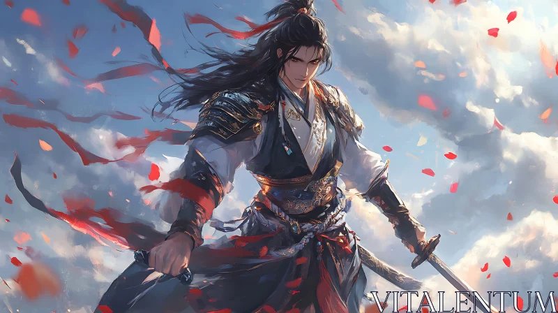 AI ART Swordsman in the Sky of Petals