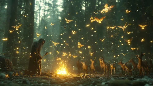 Mystical Forest Campfire with Deer and Butterflies