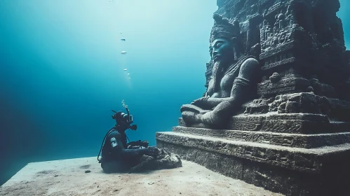 Submerged Ancient Statue and Deep Sea Diver