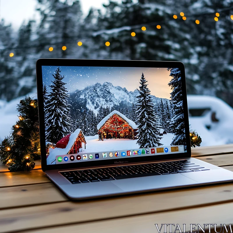 Christmas Cabin Displayed on Laptop AI Image