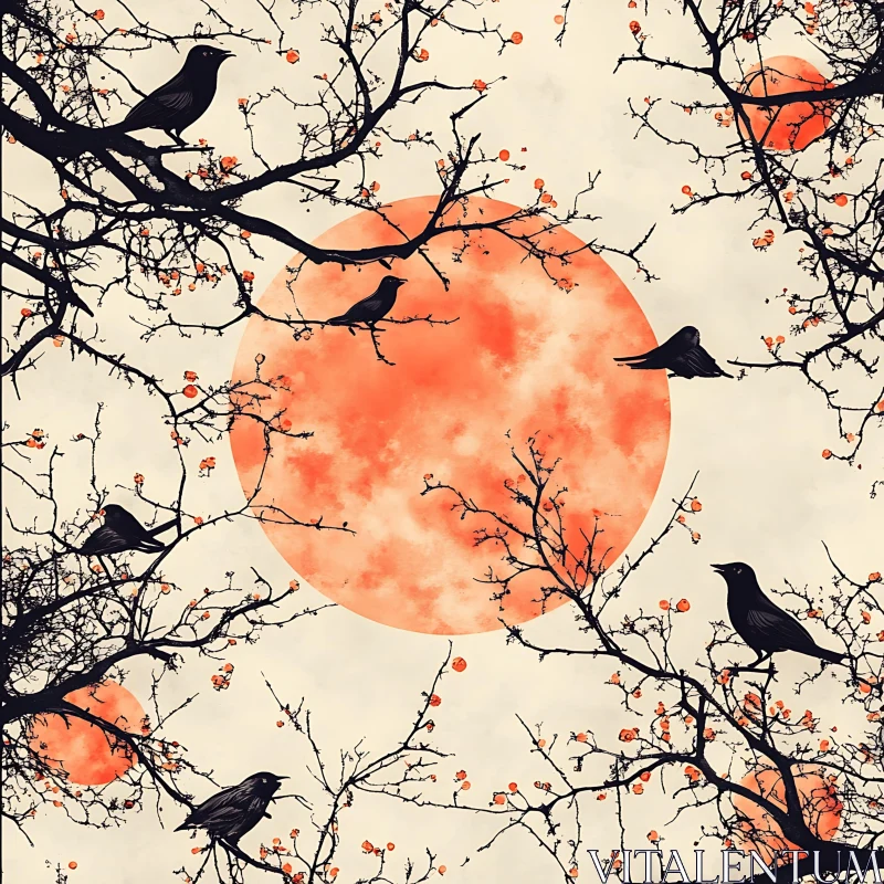 Birds Silhouetted Against a Celestial Moon AI Image