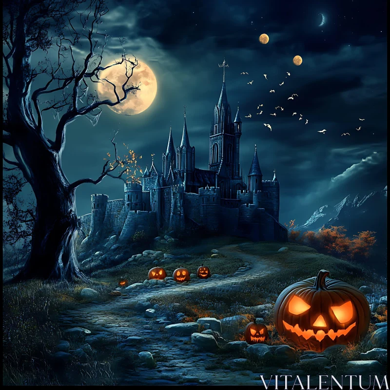 AI ART Spooky Castle with Glowing Pumpkins