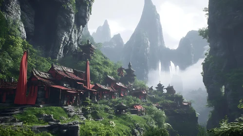 Picturesque Mountain Village with Red Roofs