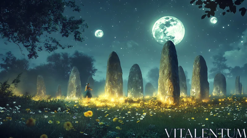 AI ART Moonlit Standing Stones in Wildflower Meadow