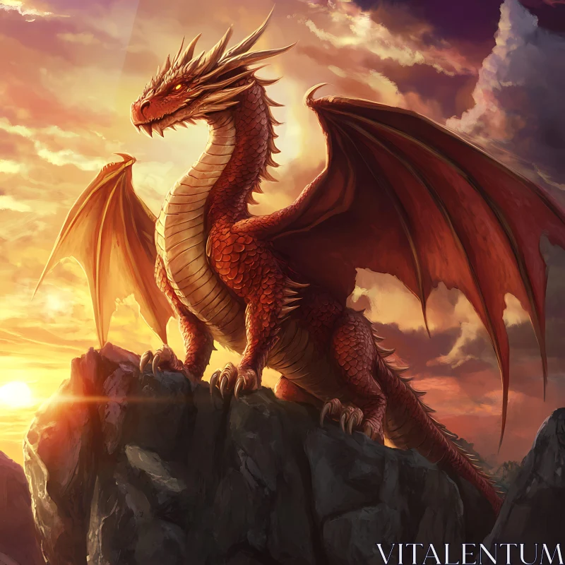 AI ART Crimson Dragon Perched on Rocks