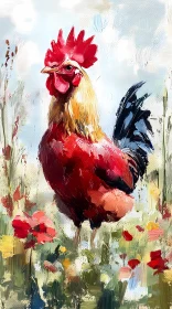 Vibrant Rooster in Floral Landscape