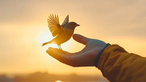 Golden Sunset with Flying Bird