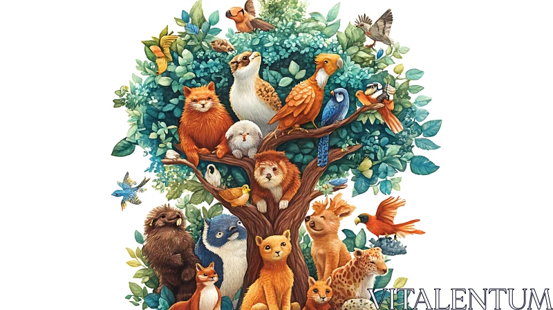 Diverse Wildlife within a Tree Illustration AI Image