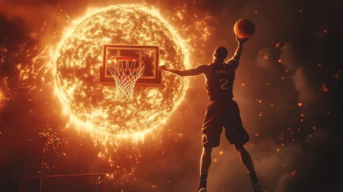 Fiery Basketball Dunk Against the Sun