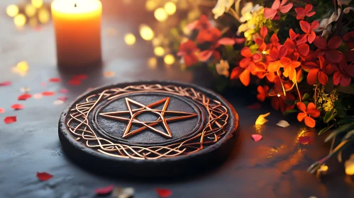 Mystical Pentagram Altar with Flowers and Candlelight