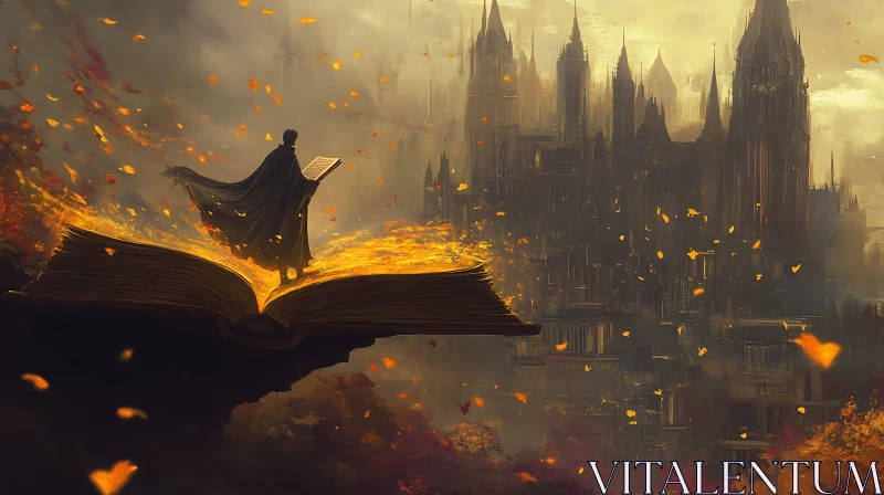 AI ART Fantasy World with Wizard and Magic Book