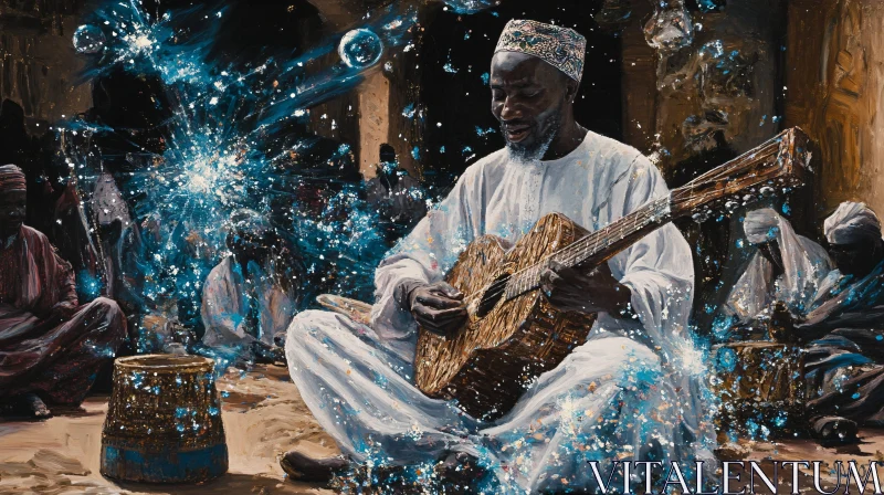 Man Playing Guitar with Sparkling Accents AI Image