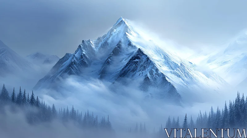 Ethereal Mountain Landscape with Pine Forest AI Image