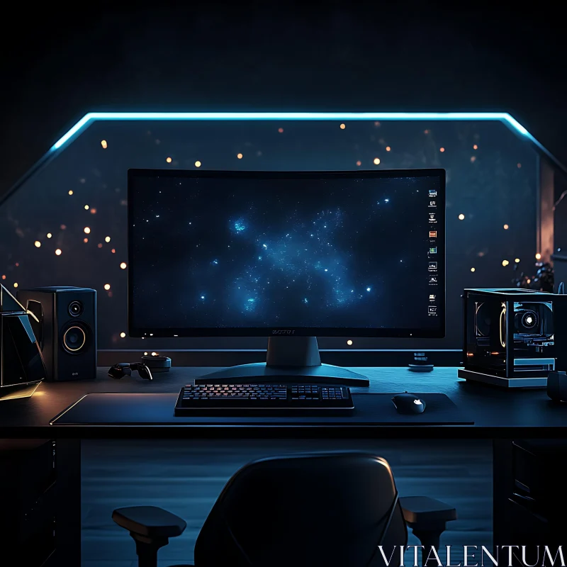 Tech Desk Setup with Curved Monitor and Space Theme AI Image