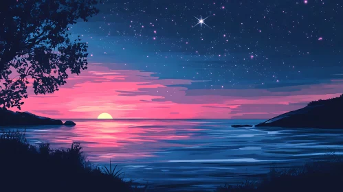 Tranquil Seascape at Sunset with Stars