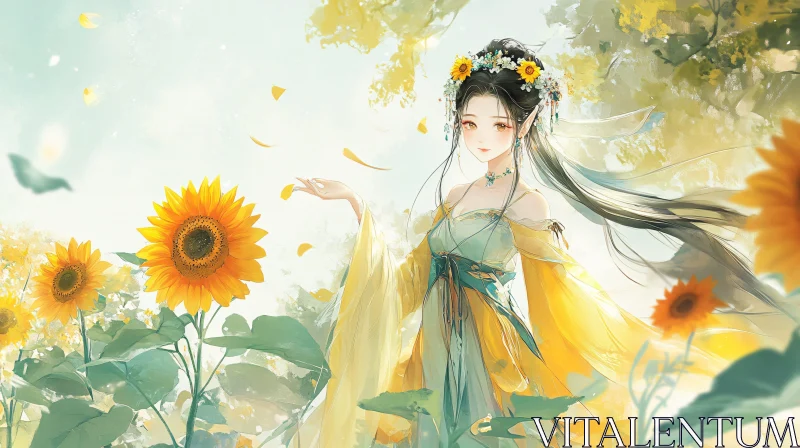 Fantasy Elf in Sunflower Field Artwork AI Image