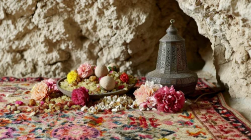 Captivating Still Life: Copper Incense Burner and Bowl with Flowers and Stones