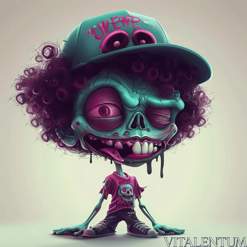 Cartoon Zombie with Green Cap and Purple Hair Illustration AI Image