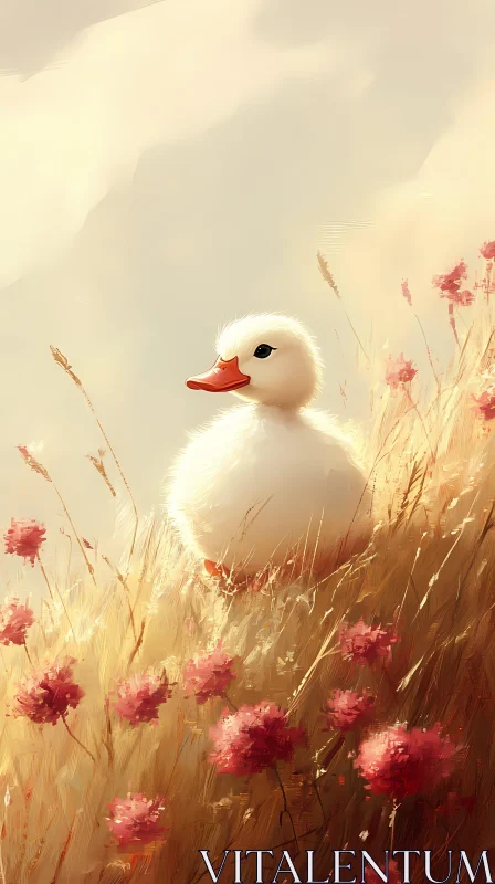 Duckling and Wildflowers on Sunlit Hill AI Image