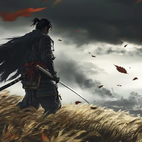 Warrior with Katana in Stormy Landscape