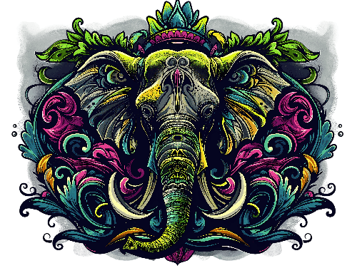 Elephant Head with Crown Floral Design Illustration