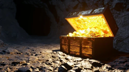 Enigmatic 3D Rendering of Glowing Gold Coin-Filled Treasure Chest in a Dark Cave