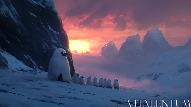 AI ART Penguins on Snowy Mountain at Sunset