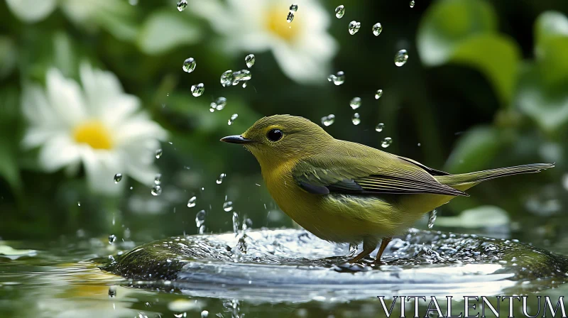 Yellow Bird in Water Oasis AI Image