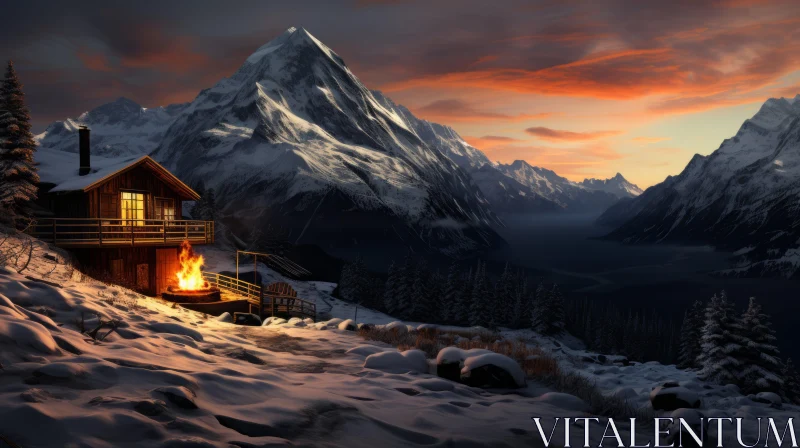 Isolated Cottage on Snow-Capped Mountain Peak AI Image