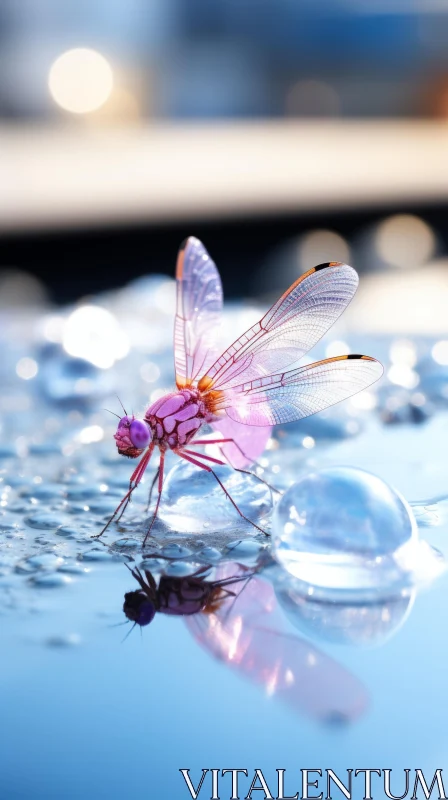Pink Dragonfly on Water Droplet - A Blend of Photorealism and Urban Fairy Tale AI Image