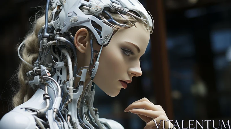 Robotic Woman with Metallic Hair - Pensive Portraiture AI Image