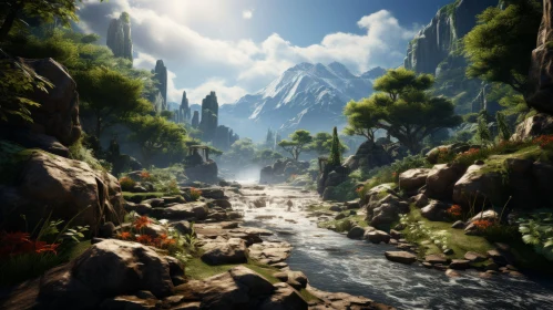 Scenic Forest Landscape with River and Mountains